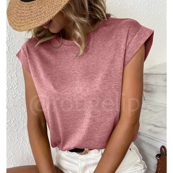 Pink Crew Neck Muscle Tee Top Shirt Cap Sleeve, Round Neck - Picture 1 of 8